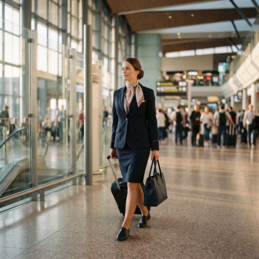 Flight attendant in a navy uniform walking through an airport terminal with her cabin bag