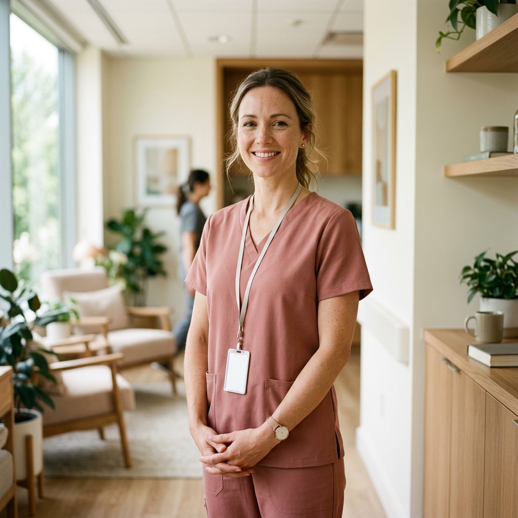 Healthcare worker in rose scrubs standing in a bright clinic corridor