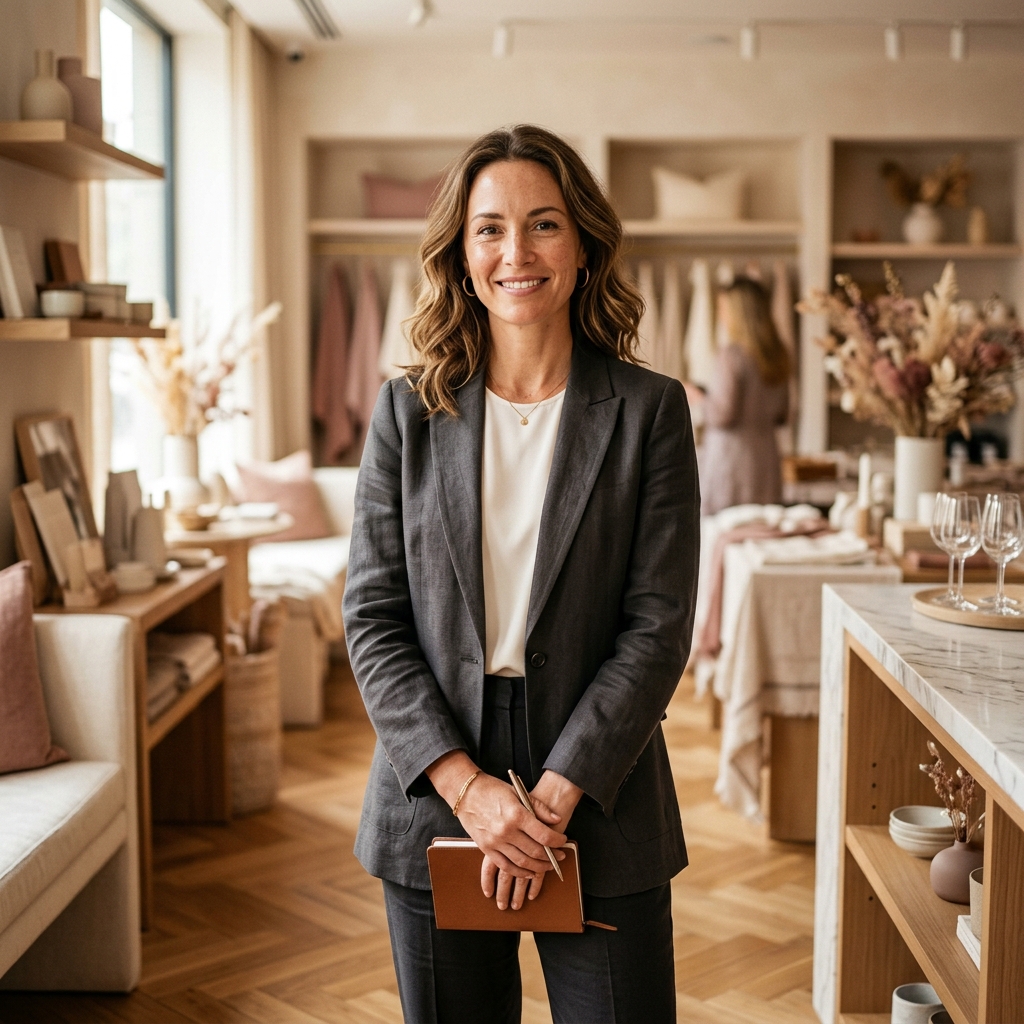 Shop manager in a tailored blazer standing in a boutique interior holding a notebook