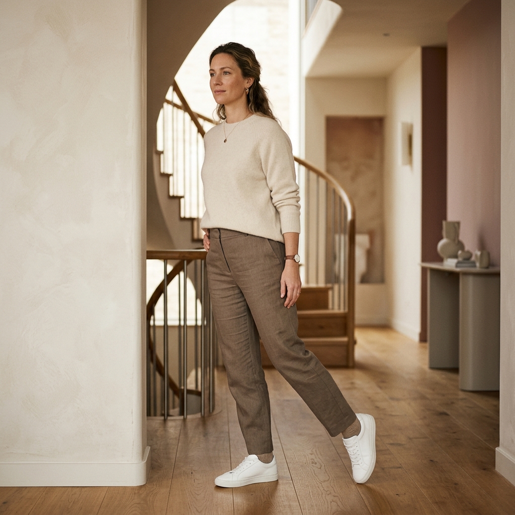 Woman in a neutral-toned outfit and white sneakers walking through a bright hallway