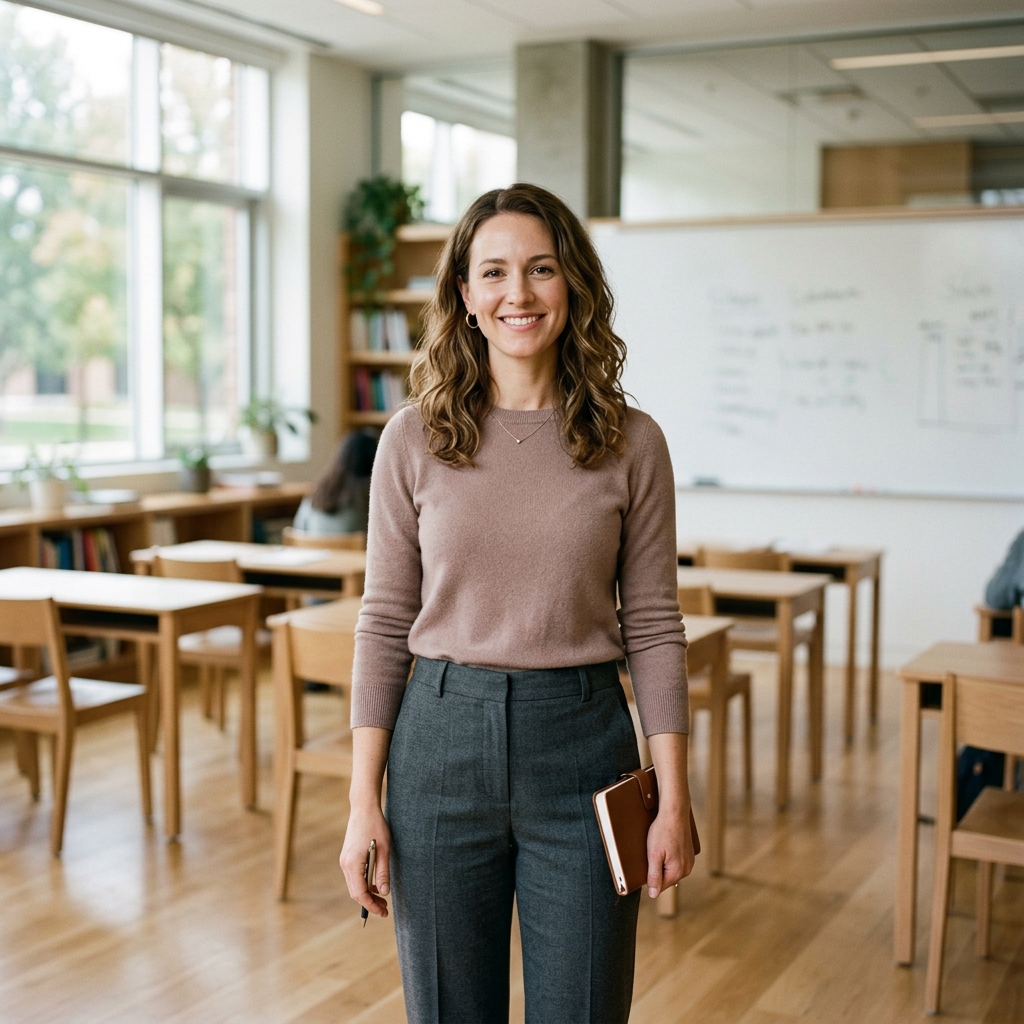 Teacher in a rose-toned sweater standing in a bright classroom with desks and a whiteboard
