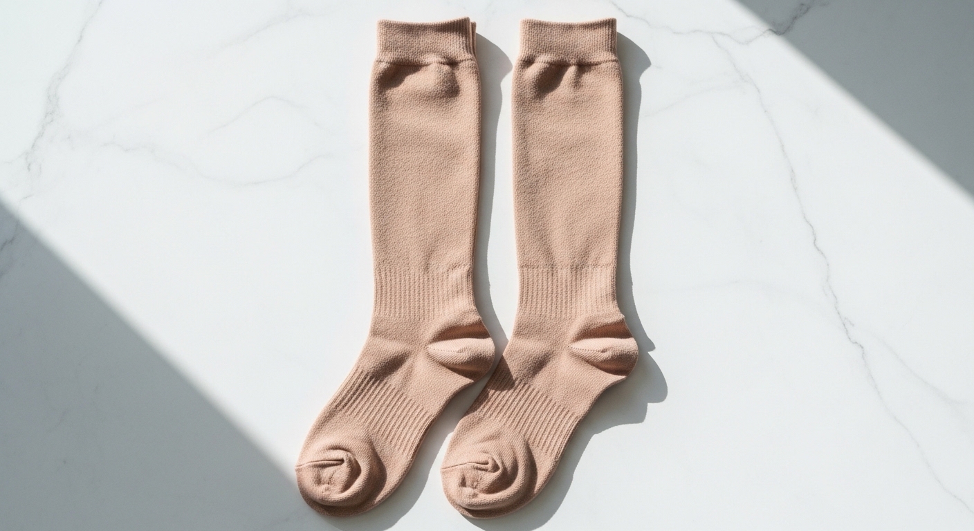 Opaque knee-high compression sock, nude, flat lay