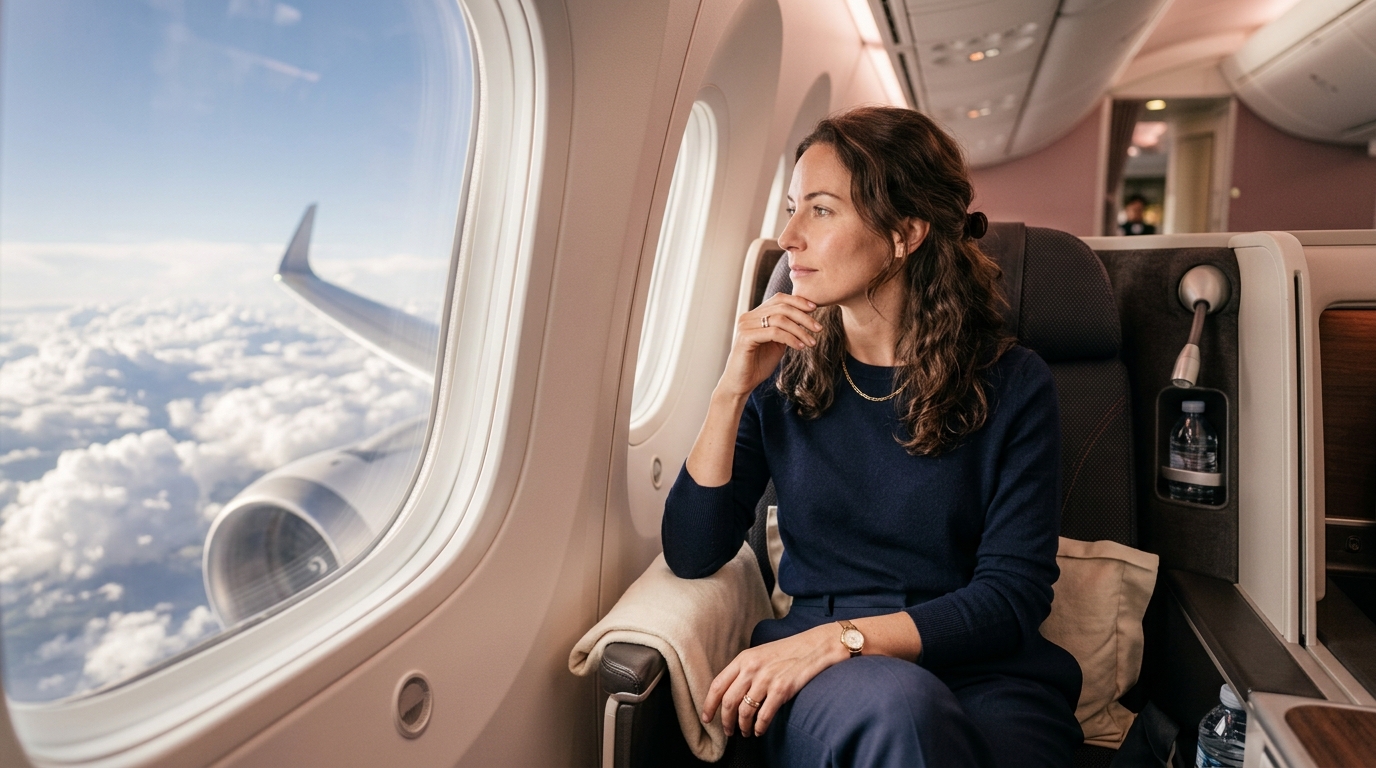 Woman in a navy travel outfit looking out of an airplane window at clouds during a long-haul flight