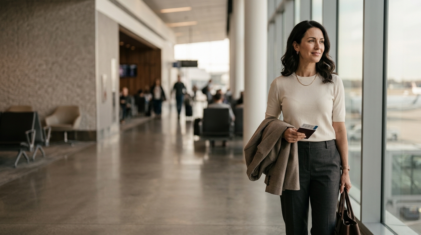 Woman in a cream knit top and tailored trousers standing by the window of an airport terminal holding her passport